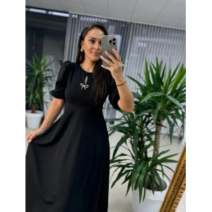 MDB Kadın Kısa Kollu Bisiklet Yaka Fiyonk Broşlu Midi Janjan Krep Elbise