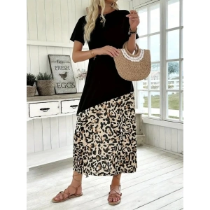 MDB Kadın Kısa Kollu Bisiklet Yaka Leopar Detaylı Midi üst Viskon Alt Süprem Elbise