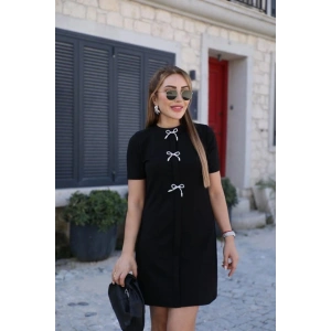 MDB Kadın Kısa Kollu Bisiklet Yaka önden Fiyonk Detaylı Ithal Krep Elbise