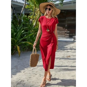 MDB Kadın Kısa Kollu Bisiklet Yaka Yandan Yırtmaçlı Viskon Midi Elbise