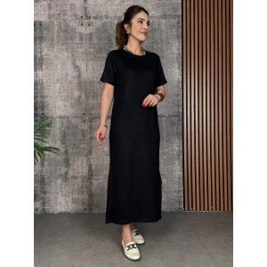 MDB Kadın Kısa Kollu Bisiklet Yaka Yırtmaçlı Viskon Iki Iplik Elbise