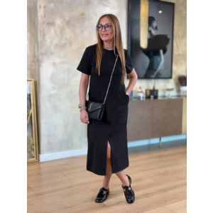 MDB Kadın Kısa Kollu Bisiklet Yakalı Cepli önden Yırtmaçlı Viskon Iki Iplik Midi Elbise