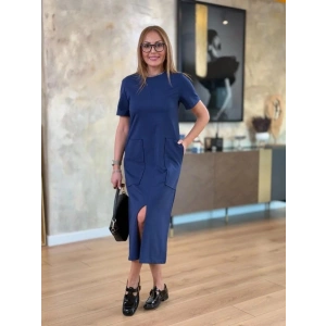 MDB Kadın Kısa Kollu Bisiklet Yakalı Cepli önden Yırtmaçlı Viskon Iki Iplik Midi Elbise