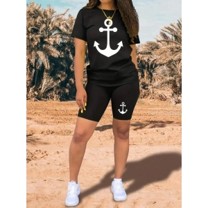 MDB Kadın Kısa Kollu çapa Baskılı Viskon Ikili Takım