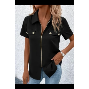 MDB Kadın Kısa Kollu Ceket Yaka önü Fermuarlı Cep Detay Kısa Kol Ithal Krep Bluz