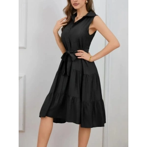 MDB Kadın Kısa Kollu Gömlek Yaka Düğmeli Beli Kuşaklı Katlı Dokuma Midi Elbise