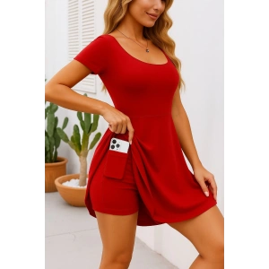 MDB Kadın Kısa Kollu Kare Yaka Short Detaylı Cepli Dalgıç Elbise