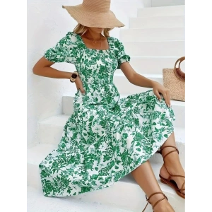 MDB Kadın Kısa Kollu Kare Yakalı Lastikli Desenli Süprem Elbise