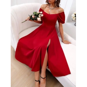 MDB Kadın Kısa Kollu Kare Yakalı Yırtmaçlı Midi Janjan Krep Elbise