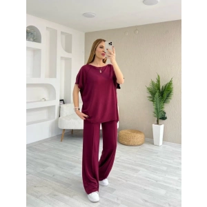 MDB Kadın Kısa Kollu Kayık Yakalı Dikiş Izi Detaylı Viskon Iki Iplik Bluz Ve Pantolon Ikili Takım