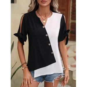 MDB Kadın Kısa Kollu Kollardan Bağlamalı önden Asimetrik Kesim çift Renk Detaylı Düğmeli Ithal Krep Bluz