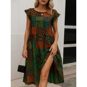 MDB Kadın Kısa Kollu Kolları Fırfırlı Bisiklet Yakalı Kare Desenli Elbise