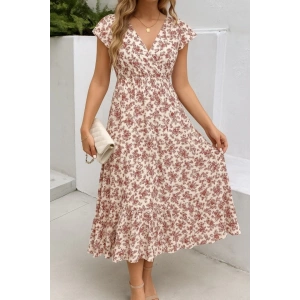 MDB Kadın Kısa Kollu Kruvaze Yaka Beli Lastikli çiçek Desenli Elbise