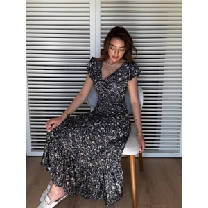 MDB Kadın Kısa Kollu Kruvaze Yaka Beli Lastikli çiçek Desenli Elbise