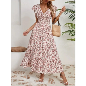 MDB Kadın Kısa Kollu Kruvaze Yaka Beli Lastikli çiçek Desenli Elbise