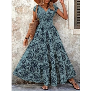 MDB Kadın Kısa Kollu Kruvaze Yaka Beli Lastikli Süprem Maksi Boy Elbise