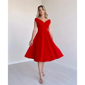 MDB Kadın Kısa Kollu Kruvaze Yaka Eteği Volanlı Krep Elbise