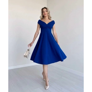 MDB Kadın Kısa Kollu Kruvaze Yaka Eteği Volanlı Krep Elbise