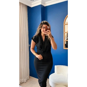 MDB Kadın Kısa Kollu Kruvaze Yaka Krep Elbise (Kemersiz)