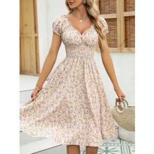 MDB Kadın Kısa Kollu Kruvaze Yaka Lastikli Belden Gipeli çiçek Desenli Suprem Elbise