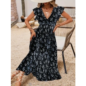 MDB Kadın Kısa Kollu Kruvaze Yakalı Beli Lastikli çiçek Desenli Elbise