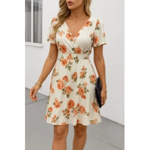 MDB Kadın Kısa Kollu Kruvaze Yakalı Desenli Süprem Kısa Elbise