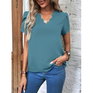 MDB Kadın Kısa Kollu Lazer V Yakalı Ithal Krep Bluz