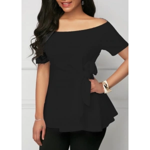 MDB Kadın Kısa Kollu Madonna Yaka Yandan Bağlamalı Ithal Krep Bluz