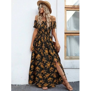 MDB Kadın Kısa Kollu Madonna Yaka Yırtmaçlı çiçek Desenli Süprem Elbise