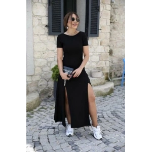 MDB Kadın Kısa Kollu Sırt Dekolte Detay önü çift Yırtmaçlı Viskon Elbise