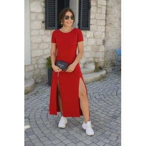 MDB Kadın Kısa Kollu Sırt Dekolteli Yırtmaç Detaylı Viskon Elbise