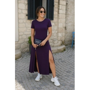 MDB Kadın Kısa Kollu Sırt Dekolteli Yırtmaç Detaylı Viskon Elbise