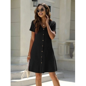 MDB Kadın Kısa Kollu V Yaka önü Düğmeli Viskon Elbise