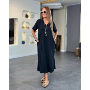 MDB Kadın Kısa Kollu V Yakalı Cep Detaylı Uzun Viskon Iki Iplik Elbise