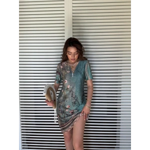 MDB Kadın Kısa Kollu V Yakalı çiçek Baskılı Midi Süprem Elbise