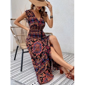 MDB Kadın Kısa Kollu V Yakalı Deseni Yırtmaçlı Süprem Elbise