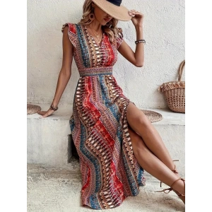 MDB Kadın Kısa Kollu V Yakalı Desenli Yandan Yırtmaçlı Süprem Elbise