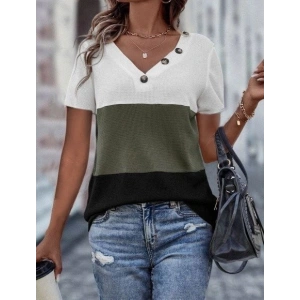 MDB Kadın Kısa Kollu V Yakalı Düğmeli Waffle Bluz