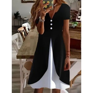 MDB Kadın Kısa Kollu V Yakalı önden Düğmeli çift Renkli Viskon Elbise