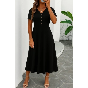 MDB Kadın Kısa Kollu V Yakalı önden Düğmeli Yırtmaçlı Midi Viskon Elbise