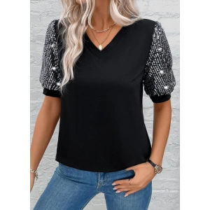 MDB Kadın Kısa Kollu V Yakalı Pul Payet Detaylı Viskon Bluz