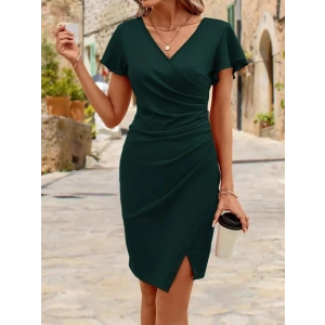 MDB Kadın Kısa Kollu Volanlı Kruvaze Yaka Yanlardan Büzgülü Ithal Krep Elbise