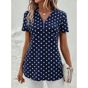 MDB Kadın Kısa Kollu Yakadan Fermuarlı Puantiyeli Uzun Dokuma Viskon Bluz