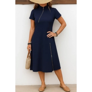MDB Kadın Kısa Kollu Yakadan Ve Etekten Fermuarlı Midi Viskon Iki Iplik Elbise