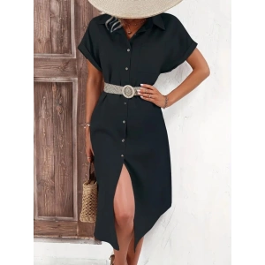 MDB Kadın Kısa Kollu Yakalı Düğme Detay Midi Dokuma Elbise