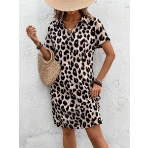 MDB Kadın Kısa Kollu Yakalı Leopar Desenli Süprem Elbise