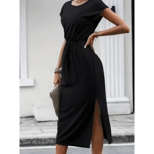 MDB Kadın Kısa Kollu Yakası Açık Belden Kuşaklı Yandan Yırtmaçlı Midi Viskon Elbise