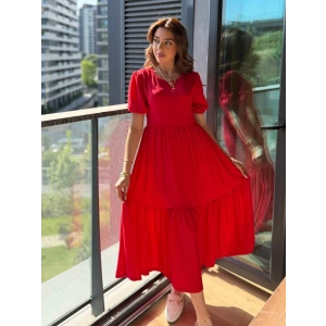 MDB Kadın Kısa Kollu Yakası Açık Katlı Bürümcük Balon Elbise