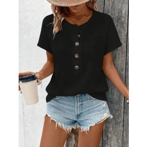 MDB Kadın Kısa Kollu Yakası Açık önden Düğmeli Waffle Bluz