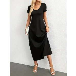 MDB Kadın Kısa Kollu Yakası Yuvarlak Cepli Viskon Elbise